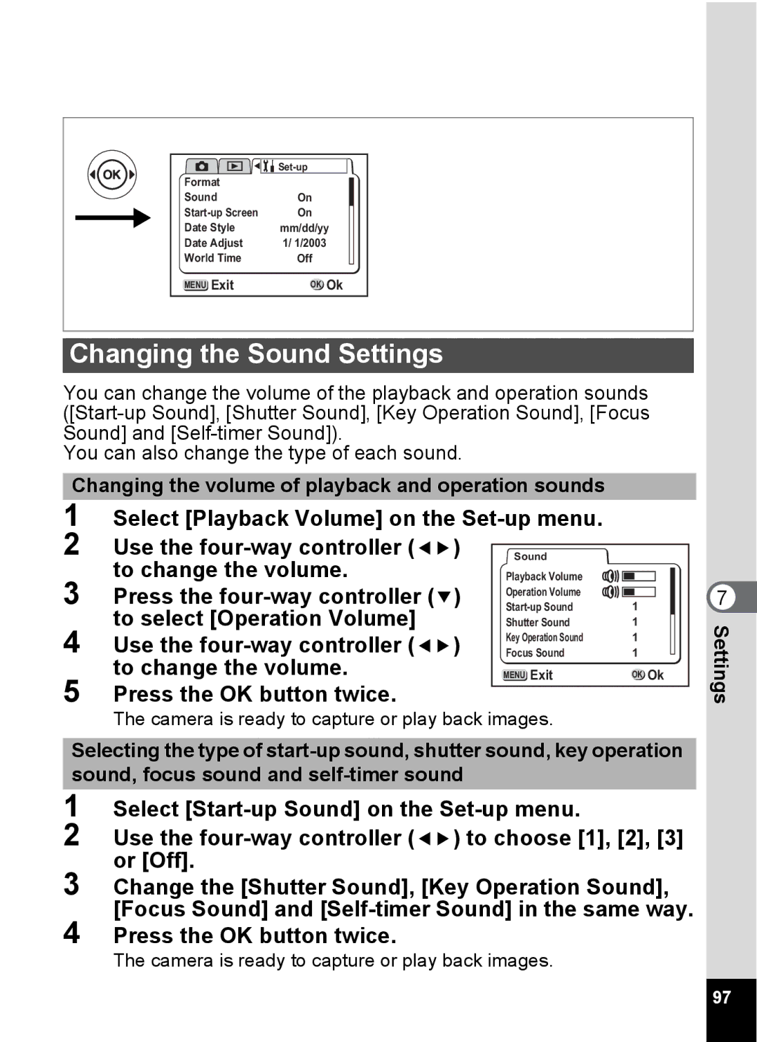 Pentax S4 manual Changing the Sound Settings, Changing the volume of playback and operation sounds 