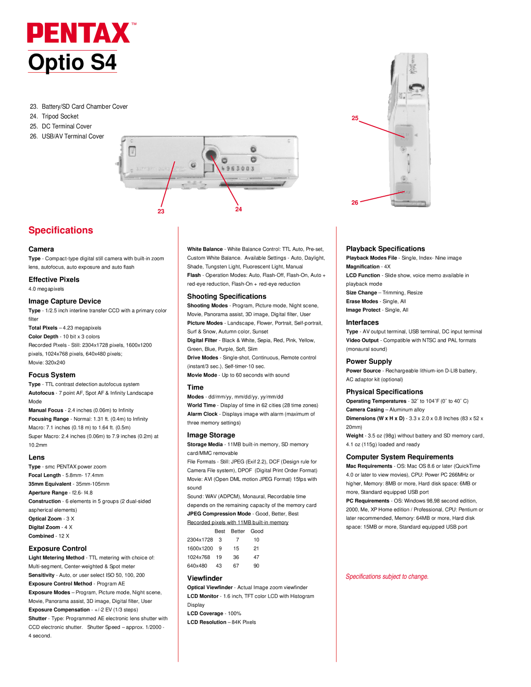 Pentax S4 Camera, Effective Pixels, Image Capture Device, Focus System, Lens, Exposure Control, Shooting Specifications 