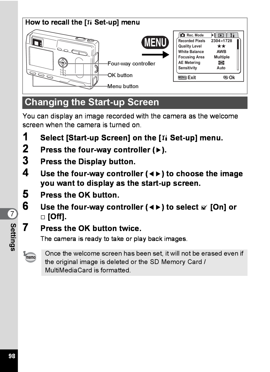 Pentax S4 manual Changing the Start-up Screen, Select Start-up Screen on the B Set-up menu, Press the OK button twice 