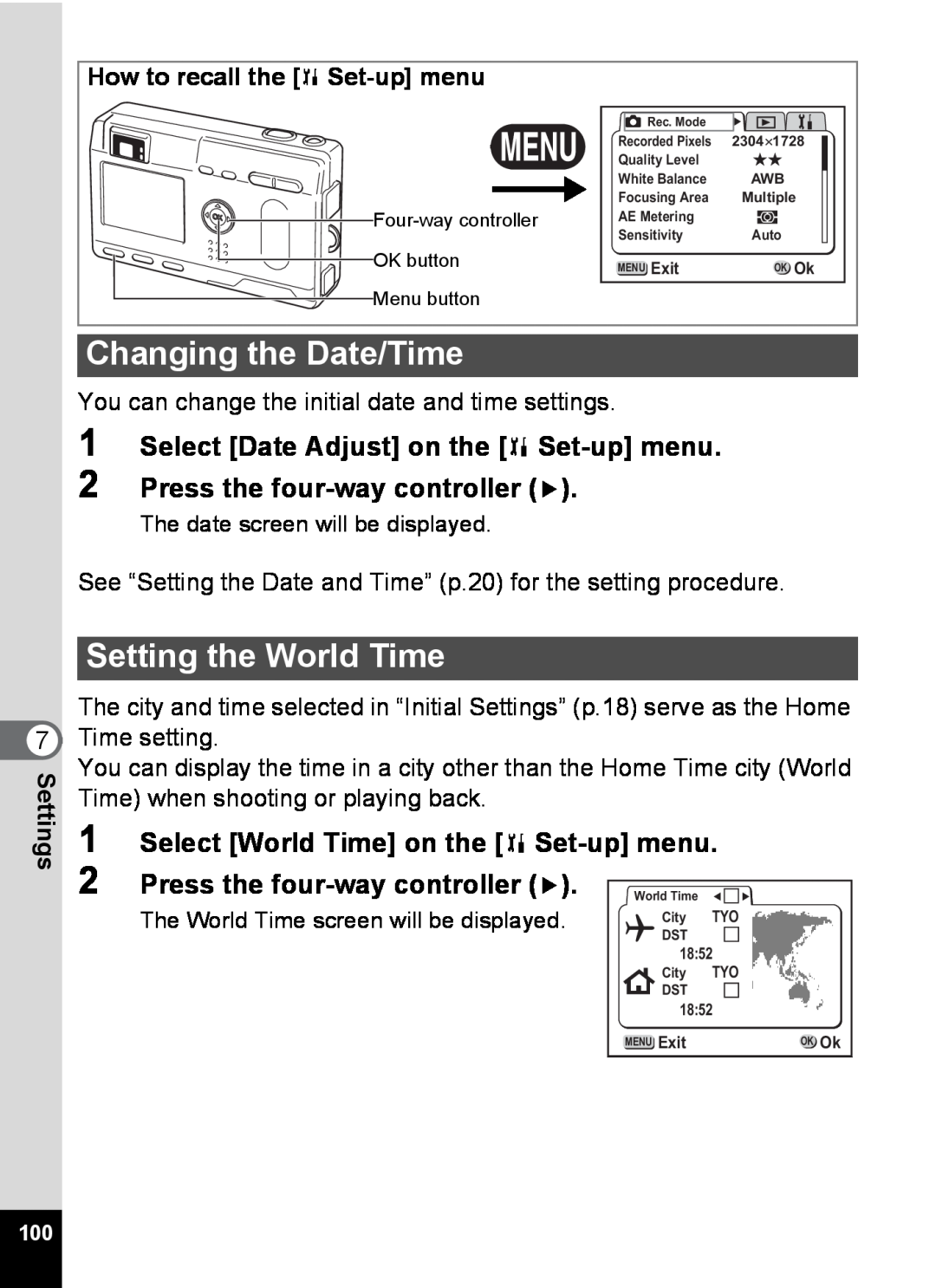 Pentax S4 manual Changing the Date/Time, Setting the World Time, Select World Time on the B Set-up menu 