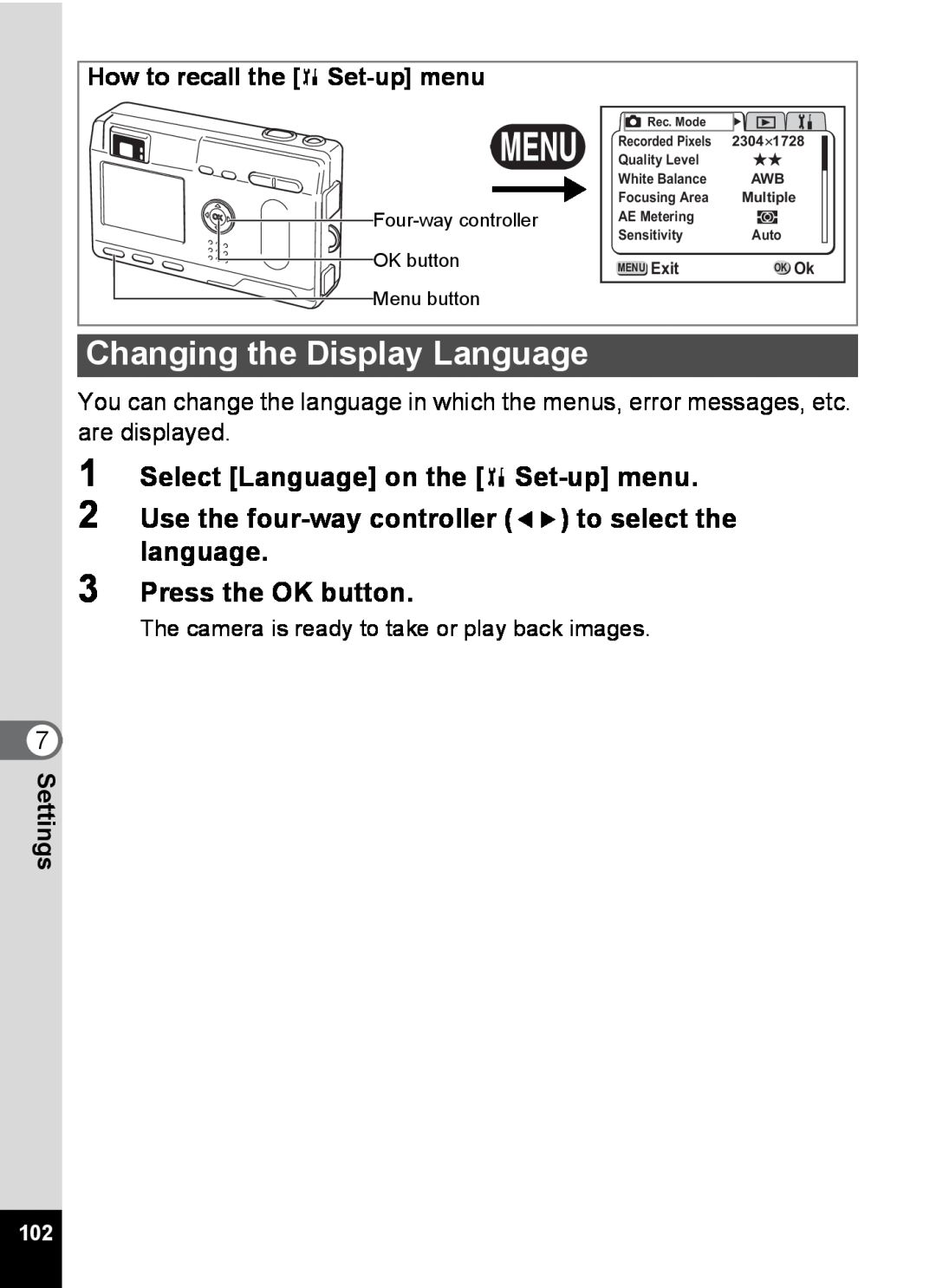 Pentax S4 Changing the Display Language, Select Language on the B Set-up menu, Press the OK button, Four-way controller 