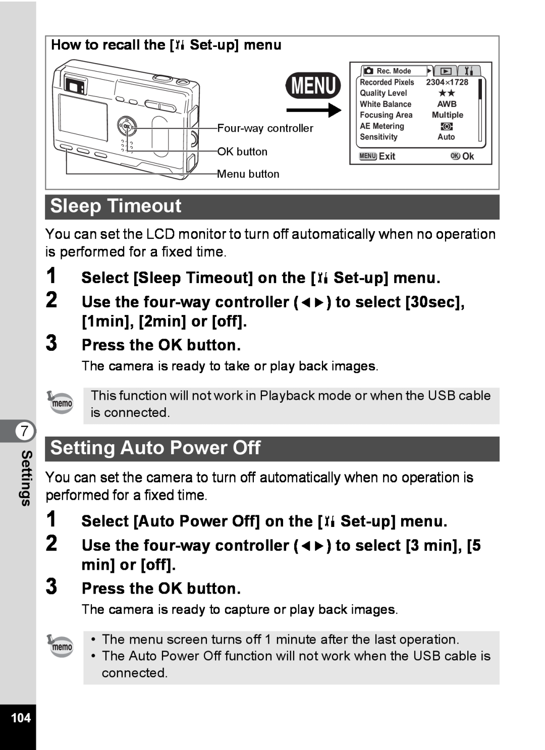 Pentax S4 manual Setting Auto Power Off, Select Sleep Timeout on the B Set-up menu, Press the OK button 