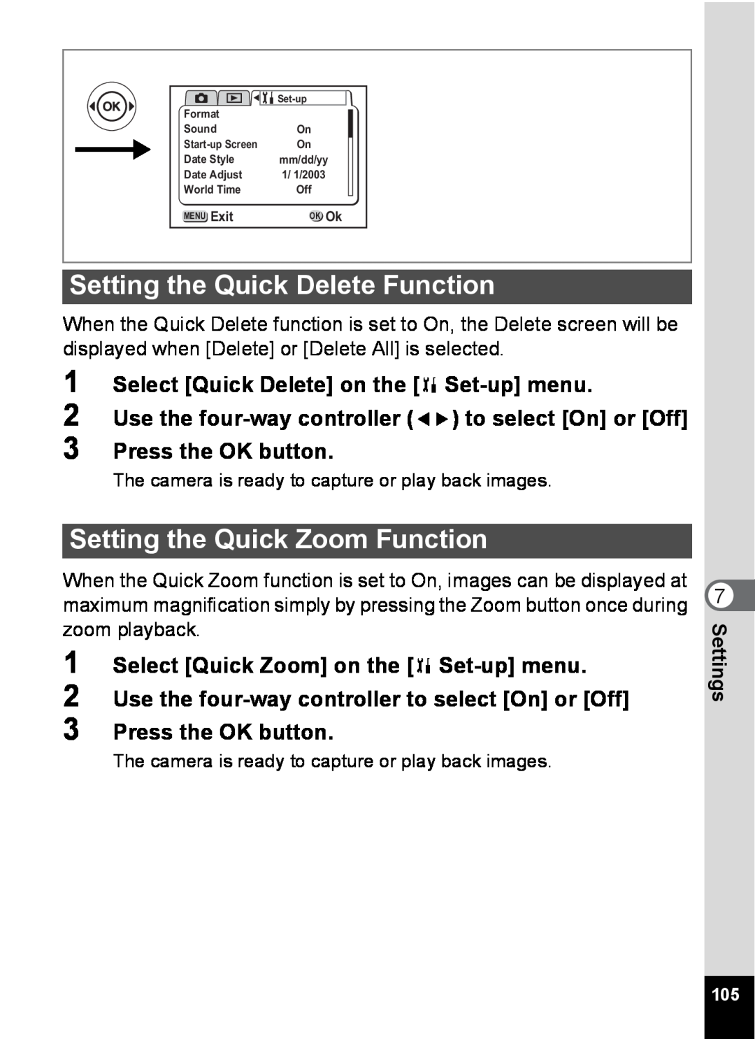 Pentax S4 Setting the Quick Delete Function, Setting the Quick Zoom Function, Select Quick Delete on the B Set-up menu 