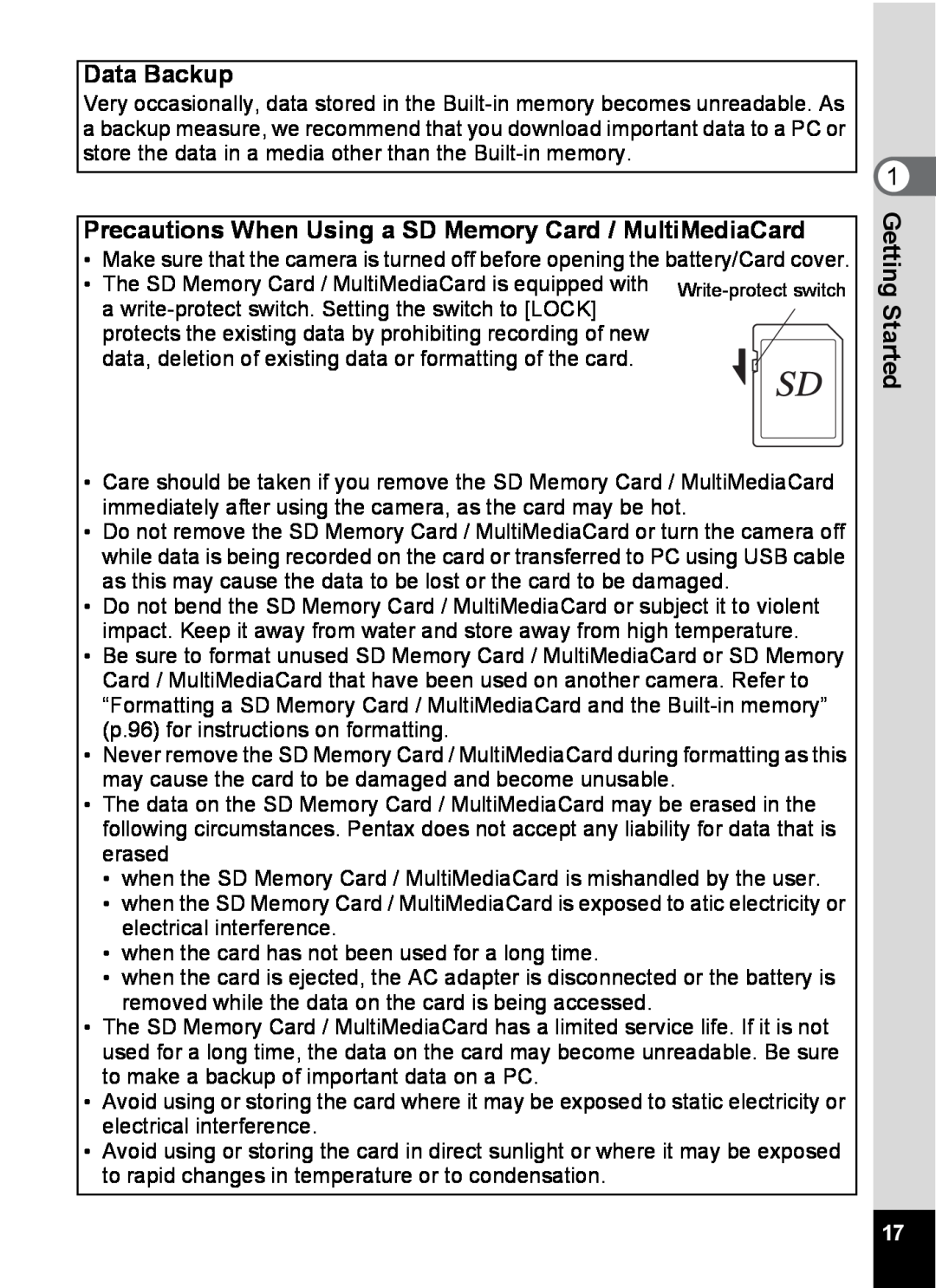 Pentax S4 manual Data Backup, Precautions When Using a SD Memory Card / MultiMediaCard 