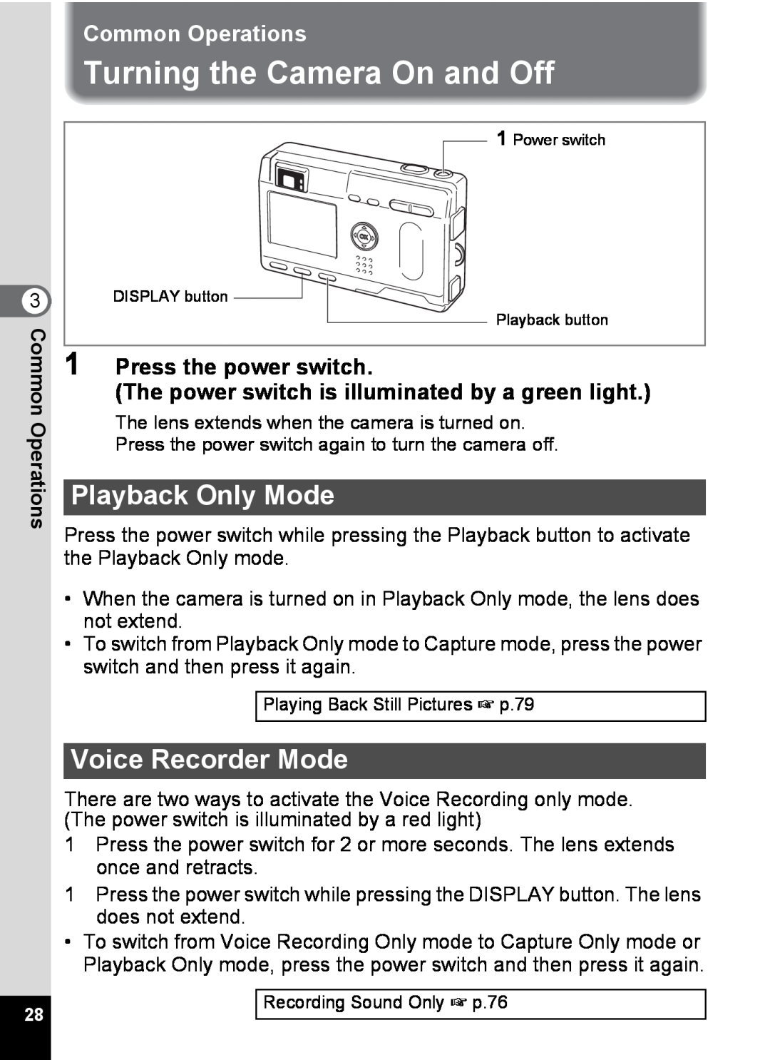 Pentax S4 manual Turning the Camera On and Off, Playback Only Mode, Voice Recorder Mode, Common Operations 
