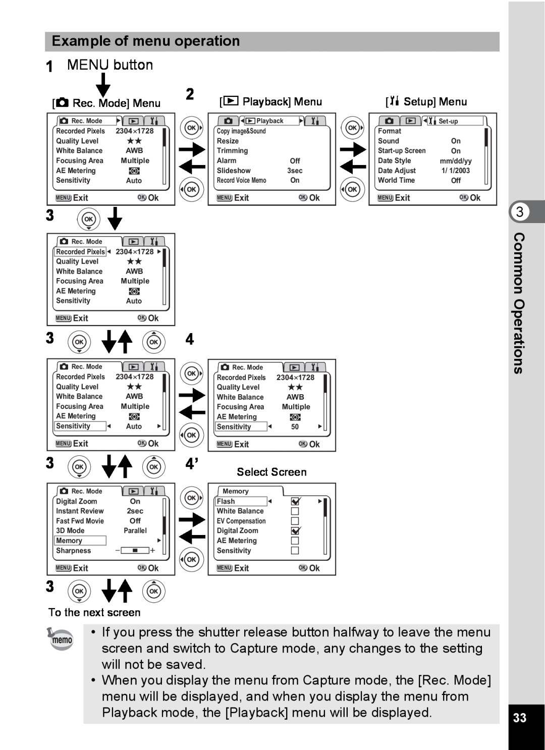 Pentax S4 manual Example of menu operation, MENU button, Common Operations, ARec. Mode Menu, Q Playback Menu, B Setup Menu 