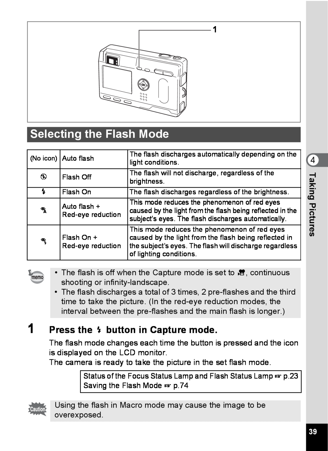 Pentax S4 manual Selecting the Flash Mode, Press the b button in Capture mode 