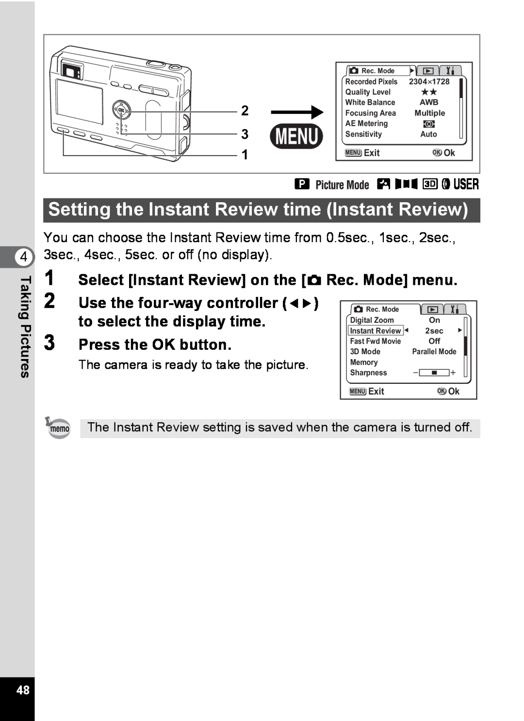 Pentax S4 manual Setting the Instant Review time Instant Review, Select Instant Review on the A Rec. Mode menu, B F Gde 