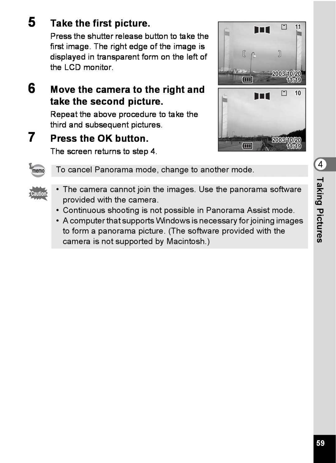 Pentax S4 manual Take the first picture, Move the camera to the right and, take the second picture, Press the OK button 