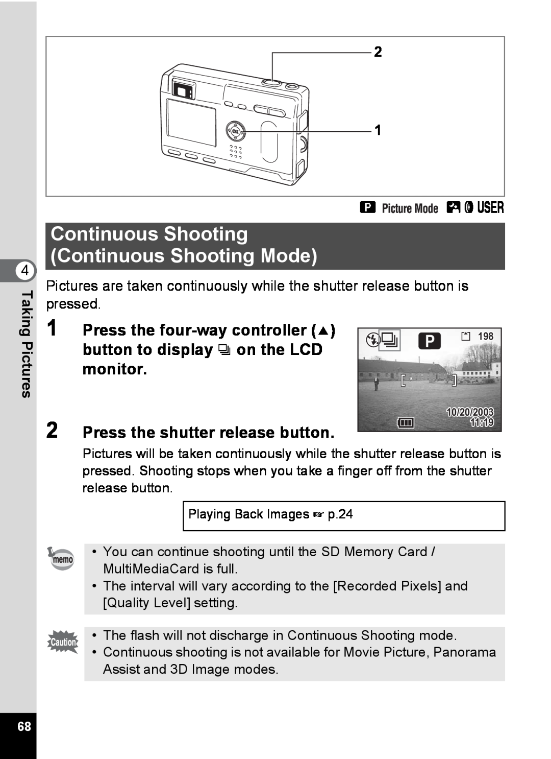 Pentax S4 manual Continuous Shooting Continuous Shooting Mode, button to display j on the LCD, monitor, A Bde 