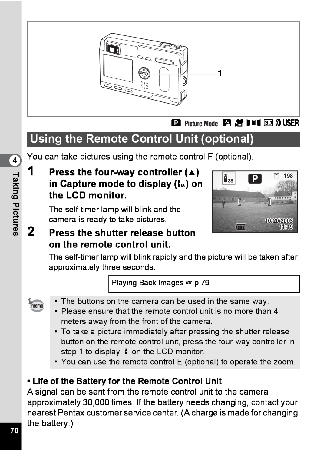Pentax S4 Using the Remote Control Unit optional, Press the four-way controller, the LCD monitor, B C F Gde, 10/20/2003 
