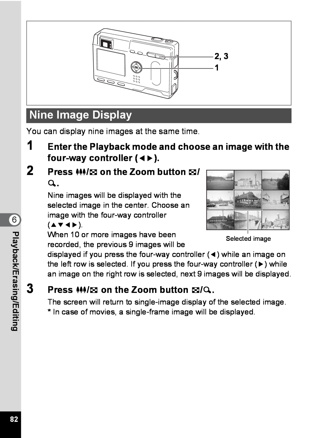 Pentax S4 manual Nine Image Display, Press w/f on the Zoom button f/ y, Press w/f on the Zoom button f/y, 2, 3 