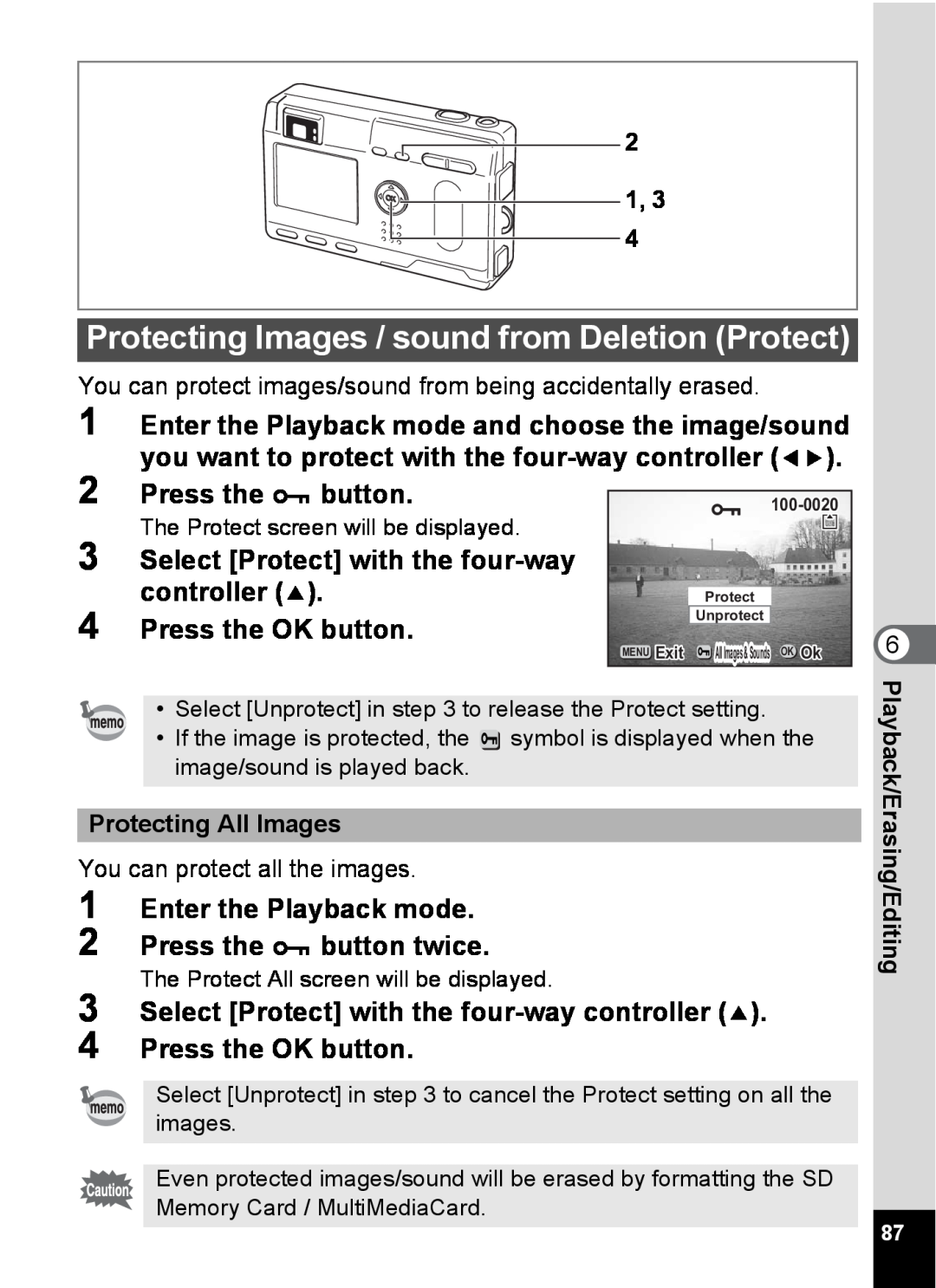 Pentax S4 manual Protecting Images / sound from Deletion Protect, Press the Z button 