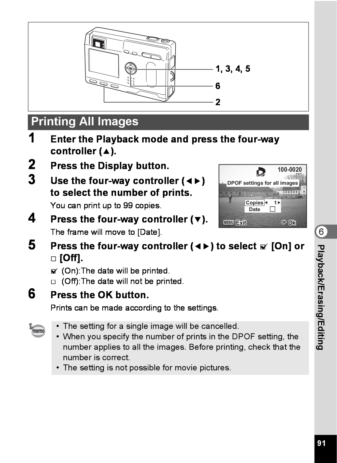 Pentax S4 manual Printing All Images, Enter the Playback mode and press the four-way controller, Press the OK button 