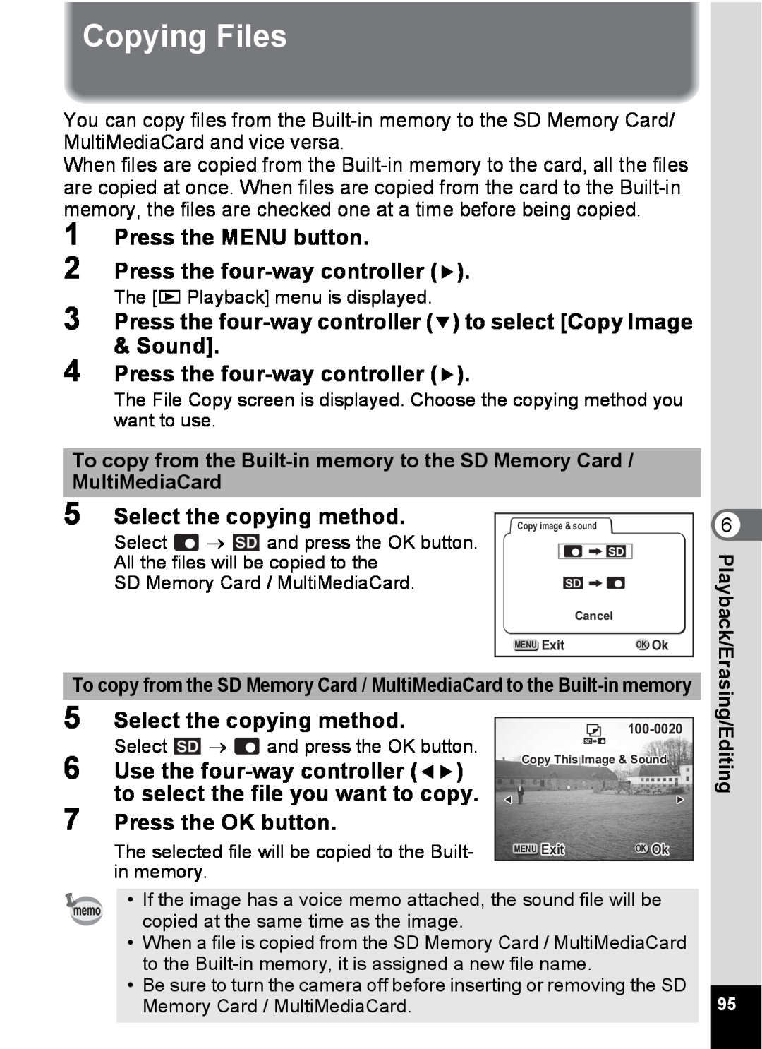 Pentax S4 manual Copying Files, Press the MENU button Press the four-way controller, Select the copying method, in memory 