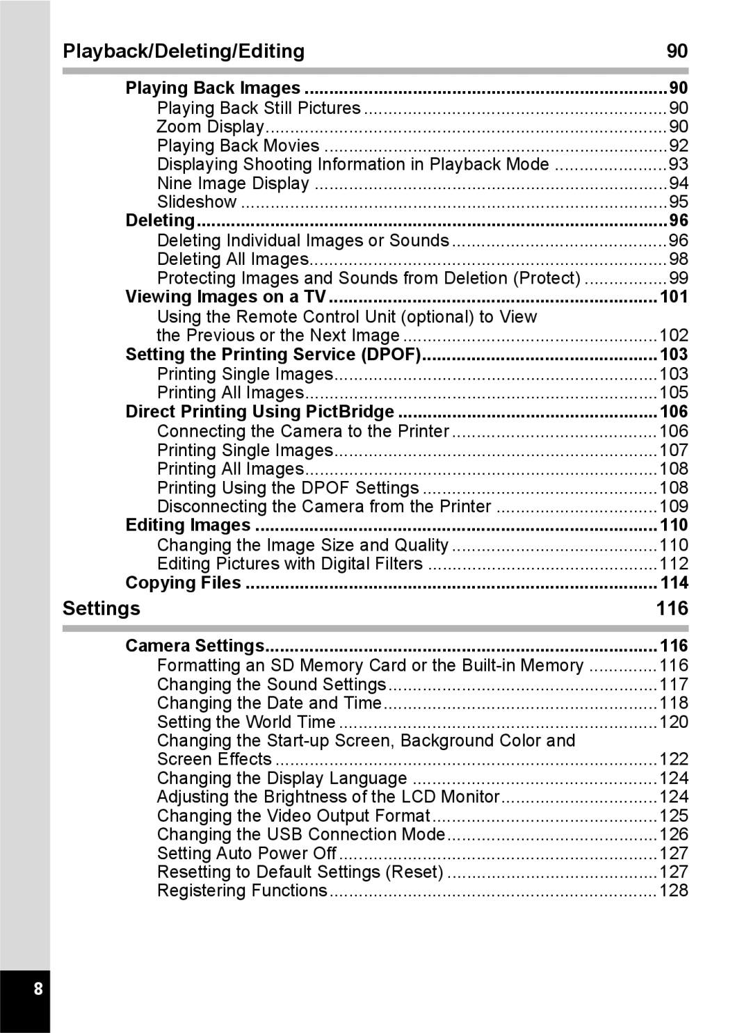 Pentax S45 specifications Playback/Deleting/Editing, Settings 