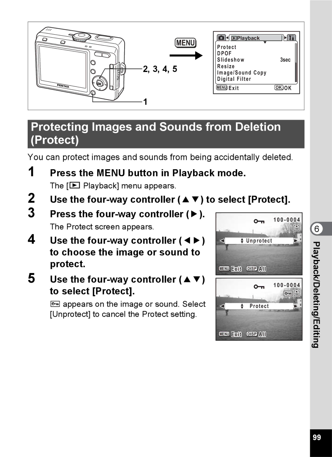 Pentax S45 Protecting Images and Sounds from Deletion Protect, Use the four-way controller 23 to select Protect 