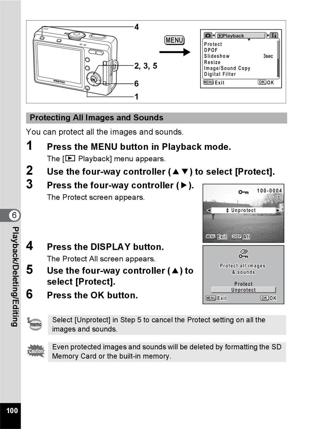 Pentax S45 specifications Press the Display button, Select Protect, Protecting All Images and Sounds 