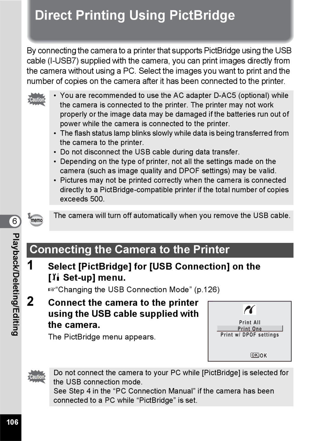 Pentax S45 specifications Direct Printing Using PictBridge, Connecting the Camera to the Printer 