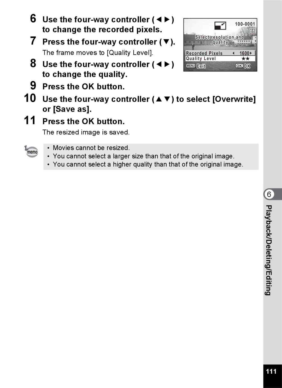 Pentax S45 specifications Use the four-way controller 45 to change the quality 