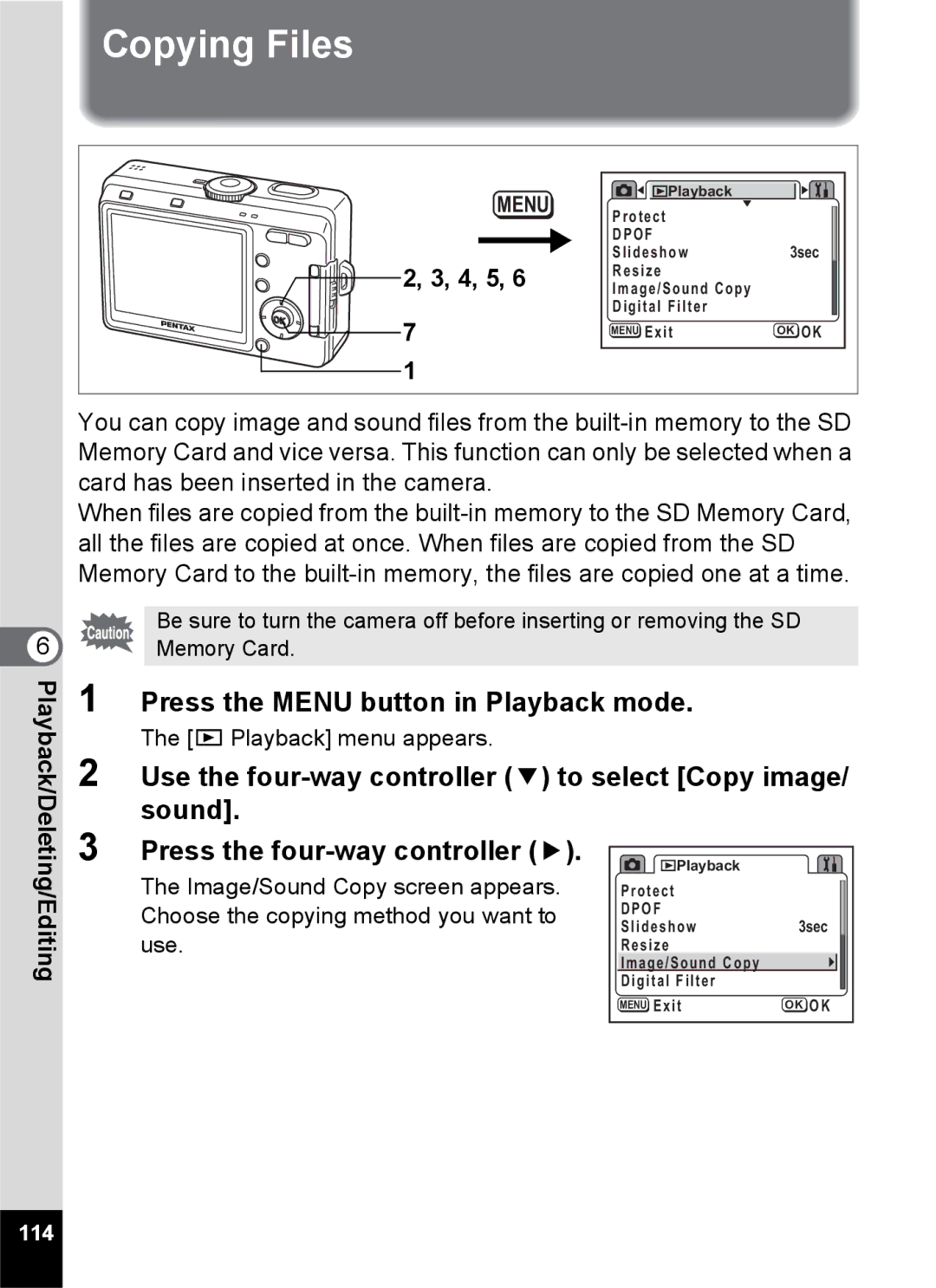 Pentax S45 specifications Copying Files 