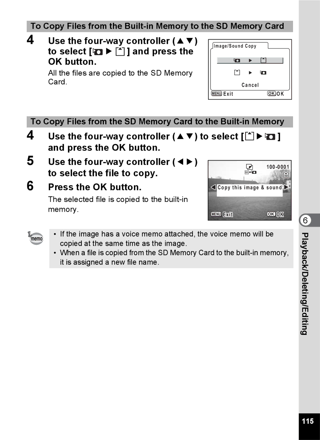 Pentax S45 To select the file to copy Press the OK button, To Copy Files from the Built-in Memory to the SD Memory Card 