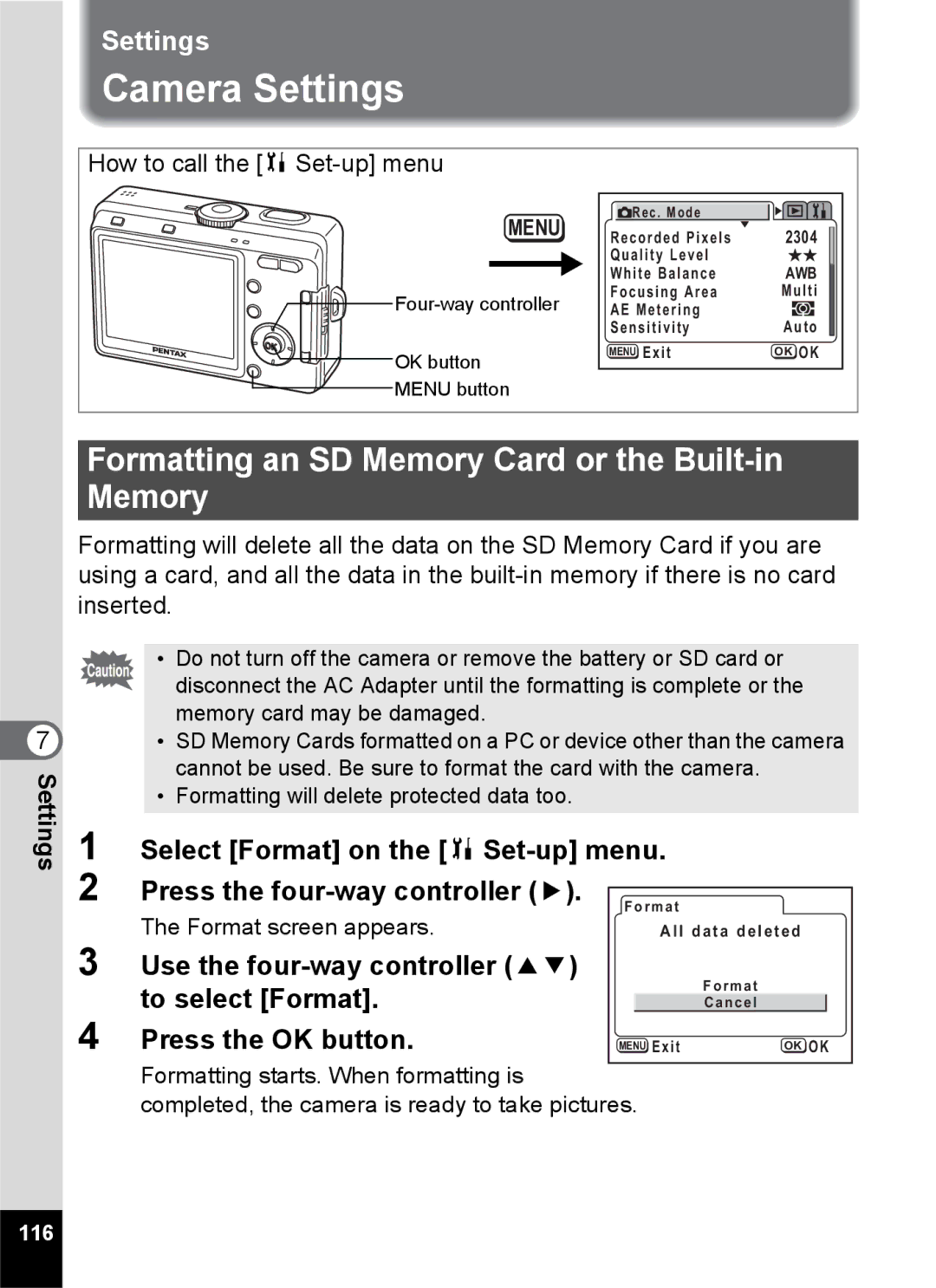 Pentax S45 specifications Camera Settings, Formatting an SD Memory Card or the Built-in Memory, To select Format 