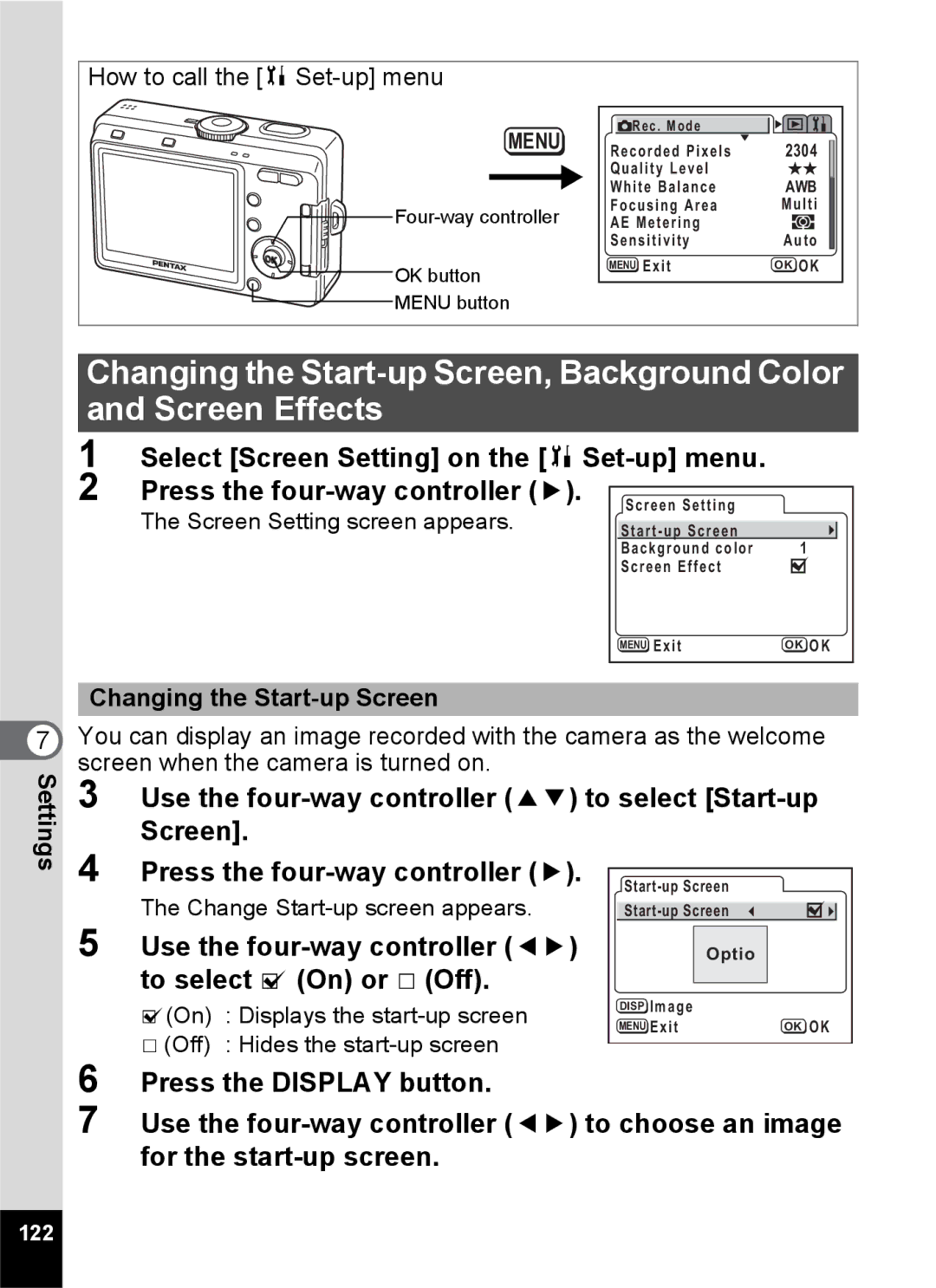 Pentax S45 specifications Set-up menu, Changing the Start-up Screen 