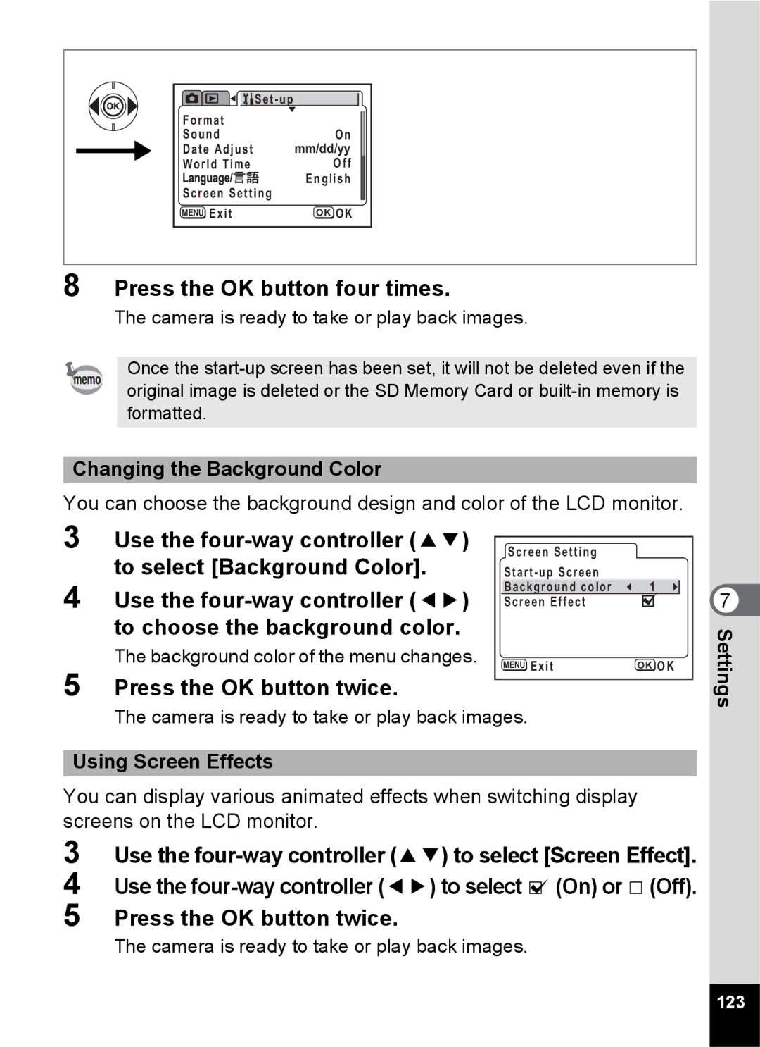 Pentax S45 specifications Press the OK button four times, To select Background Color, To choose the background color 