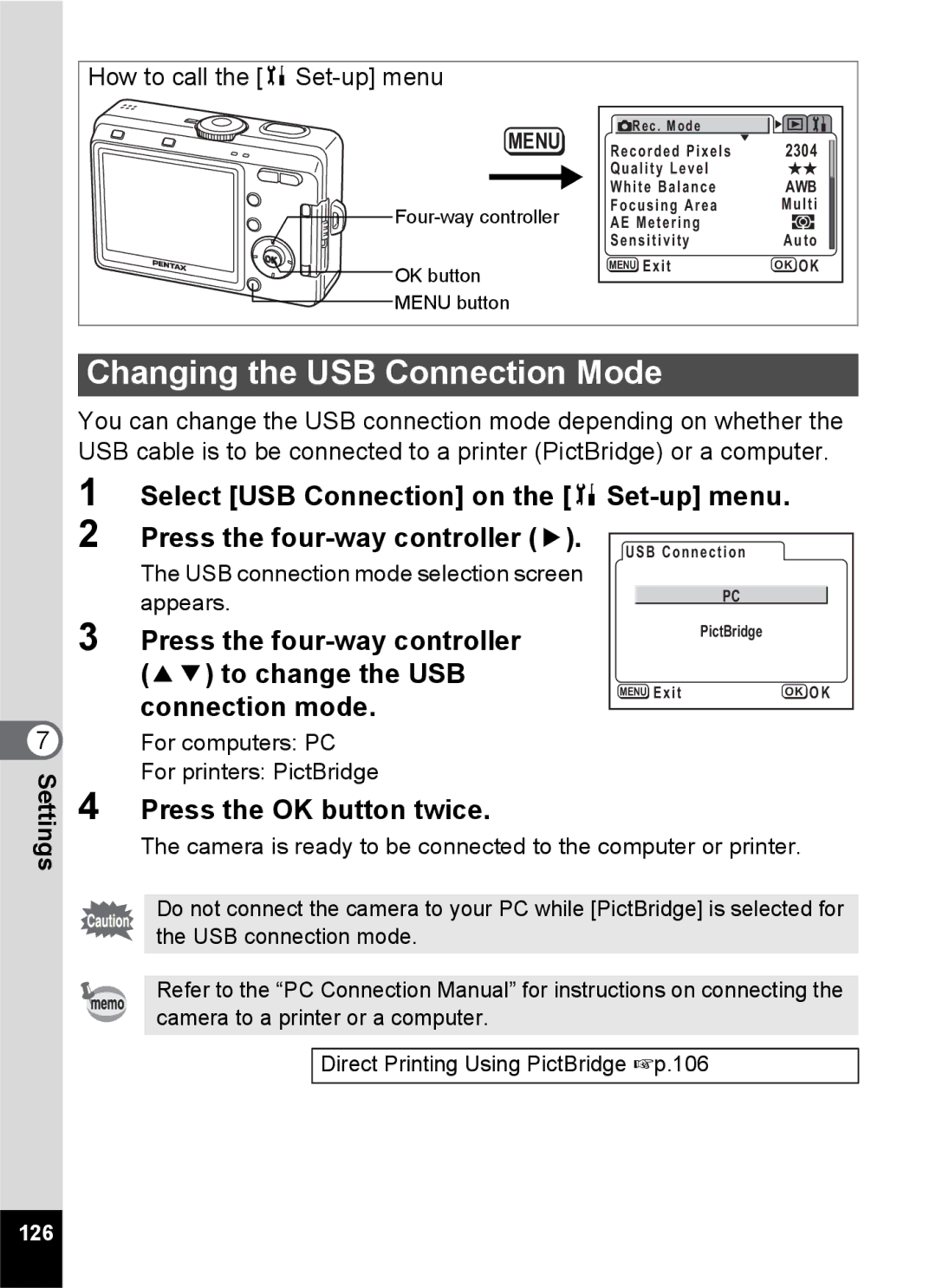 Pentax S45 specifications Changing the USB Connection Mode, Select USB Connection on the B Set-up menu, To change the USB 