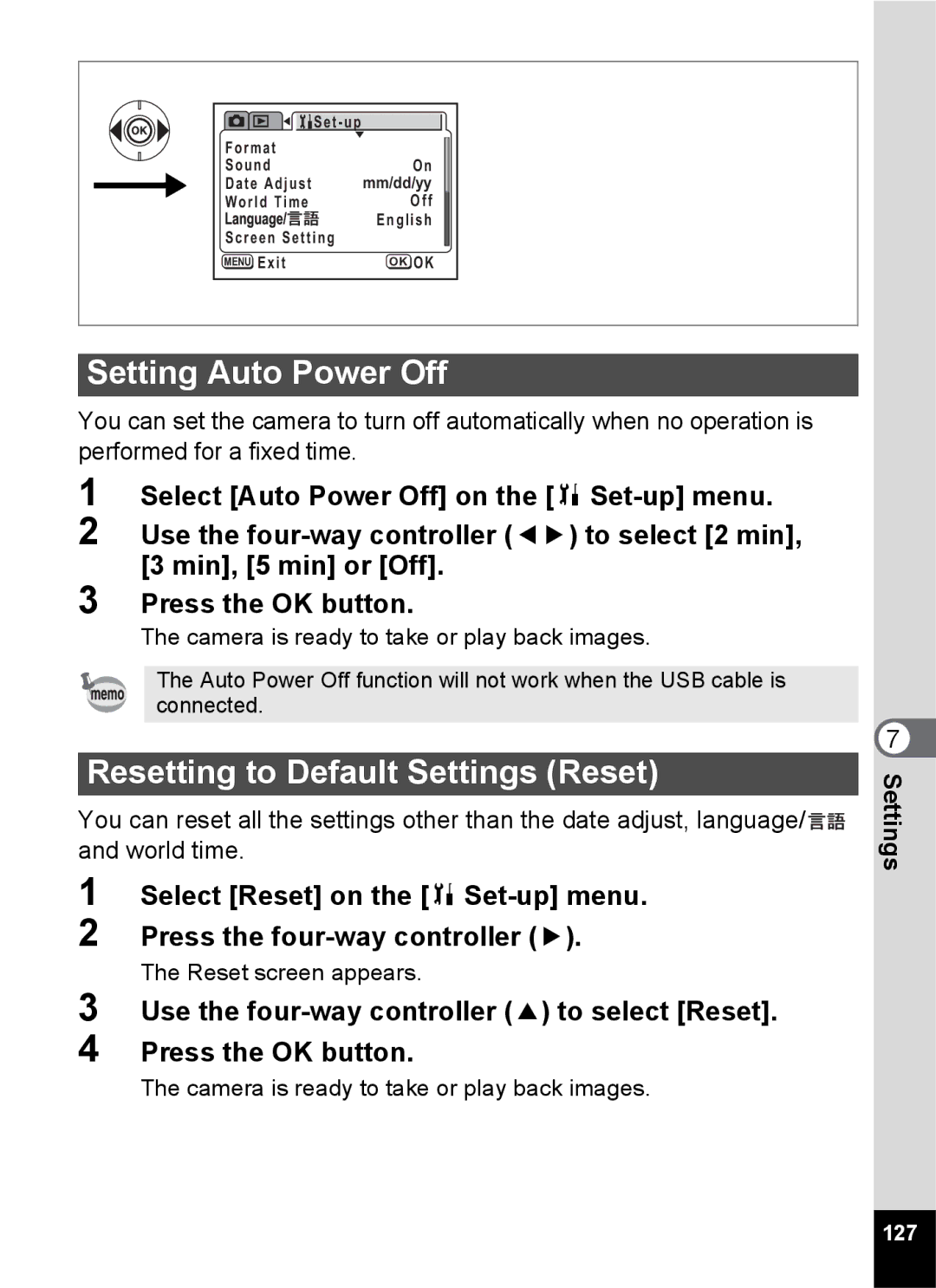 Pentax S45 specifications Setting Auto Power Off, Resetting to Default Settings Reset 