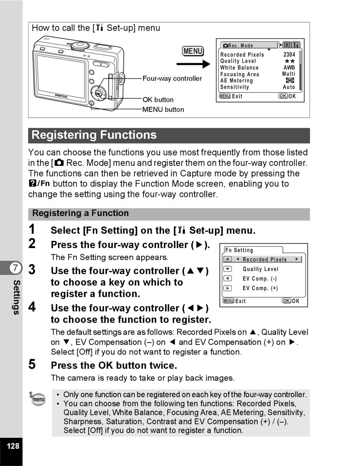 Pentax S45 Registering Functions, To choose a key on which to, Register a function, Registering a Function Settings 