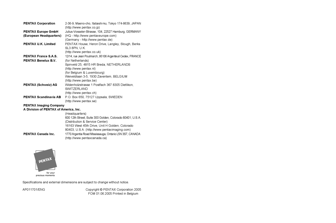 Pentax S45 specifications Pentax Benelux B.V. for Netherlands 