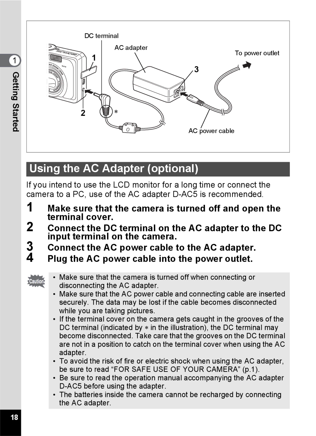 Pentax S45 specifications Using the AC Adapter optional 