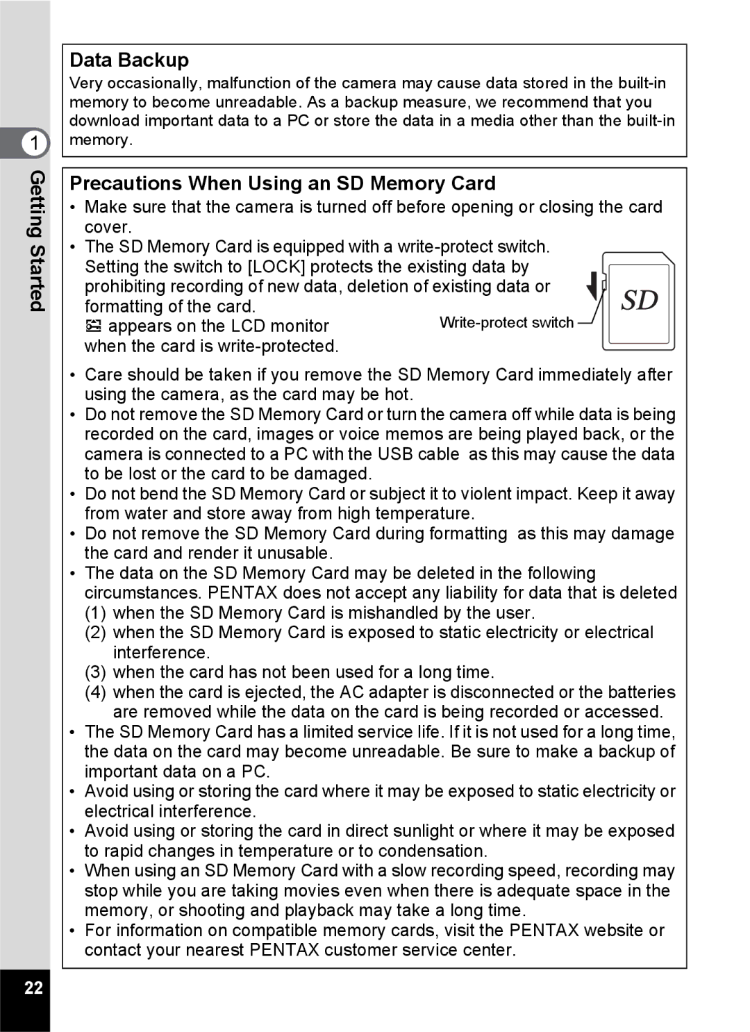 Pentax S45 specifications Data Backup, Precautions When Using an SD Memory Card 