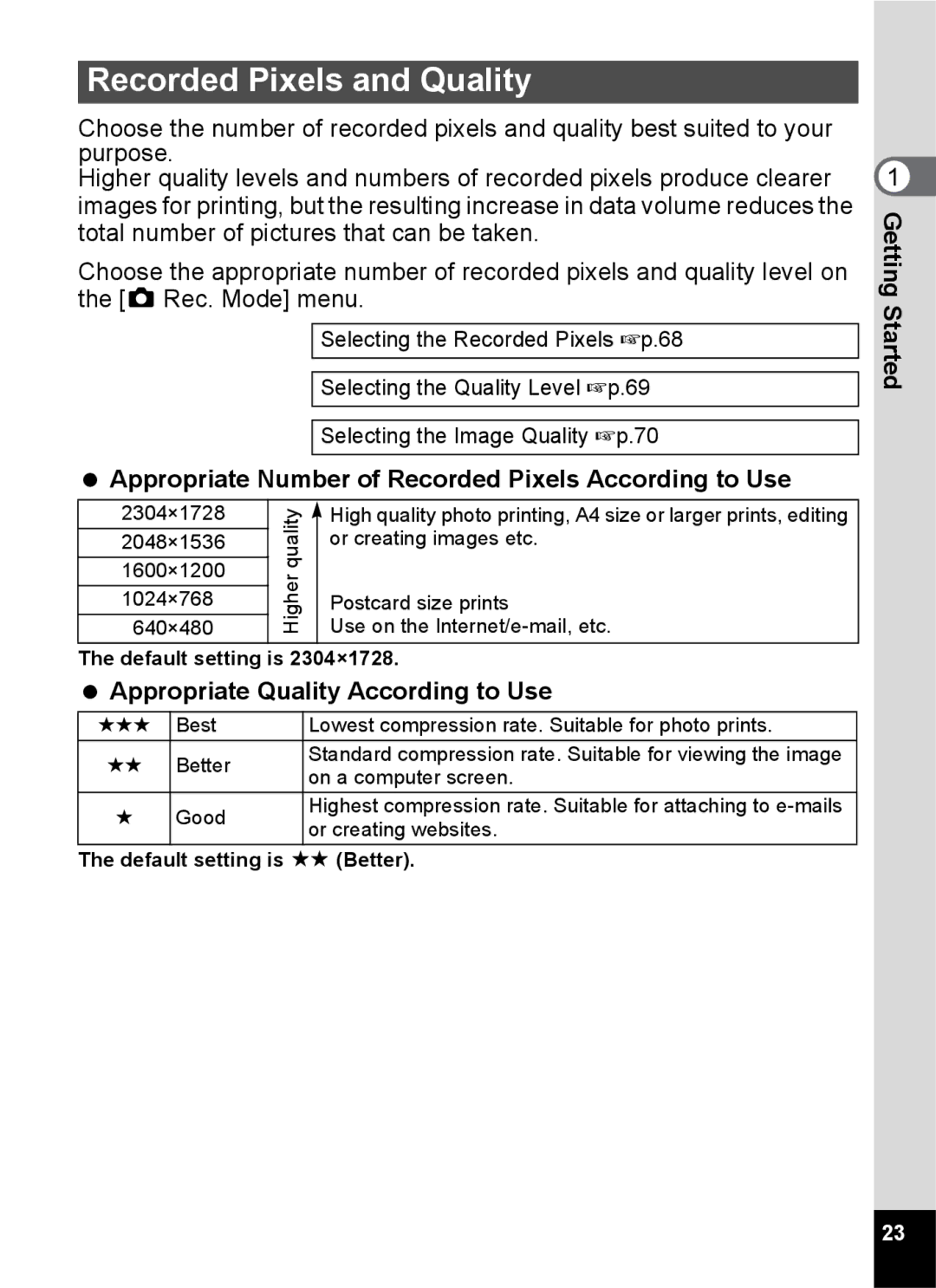 Pentax S45 specifications Recorded Pixels and Quality, Appropriate Number of Recorded Pixels According to Use 