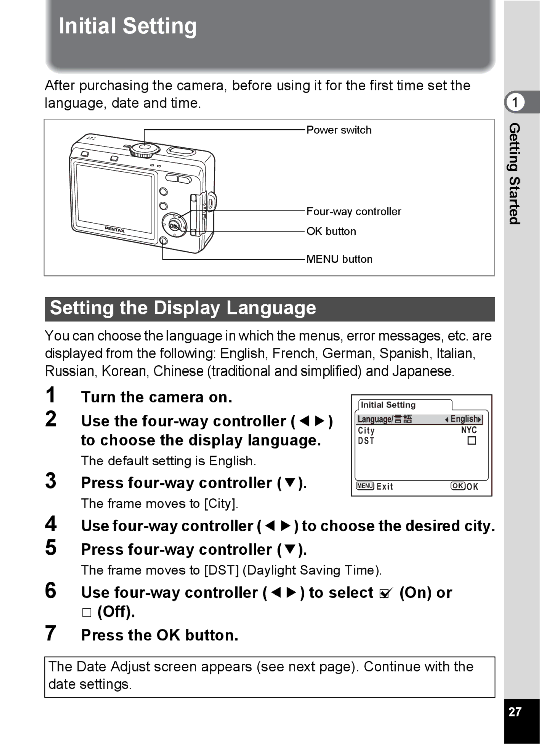 Pentax S45 specifications Initial Setting, Setting the Display Language 