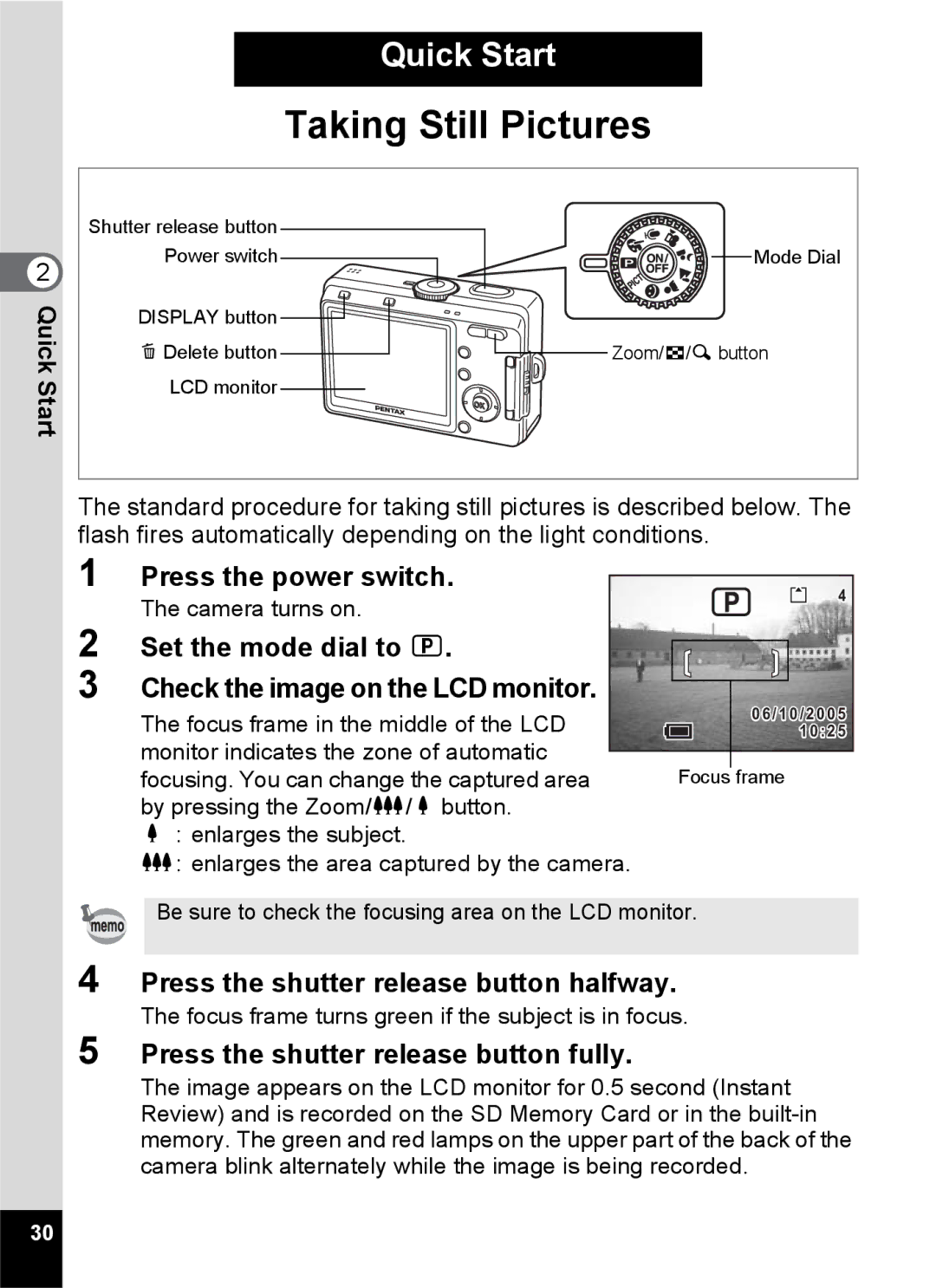 Pentax S45 Quick Start, Set the mode dial to R Check the image on the LCD monitor, Press the shutter release button fully 