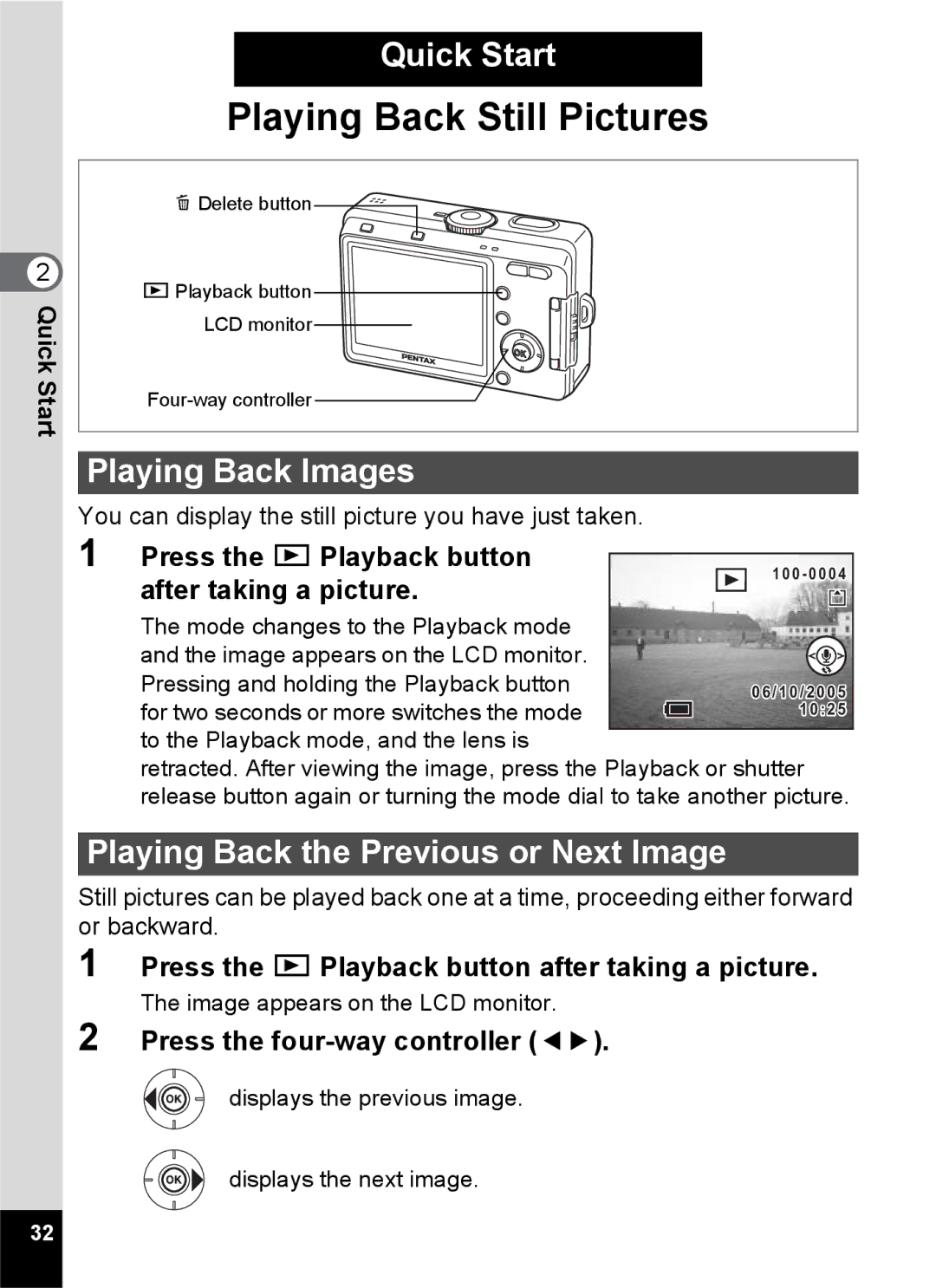 Pentax S45 specifications Playing Back Images, Playing Back the Previous or Next Image 