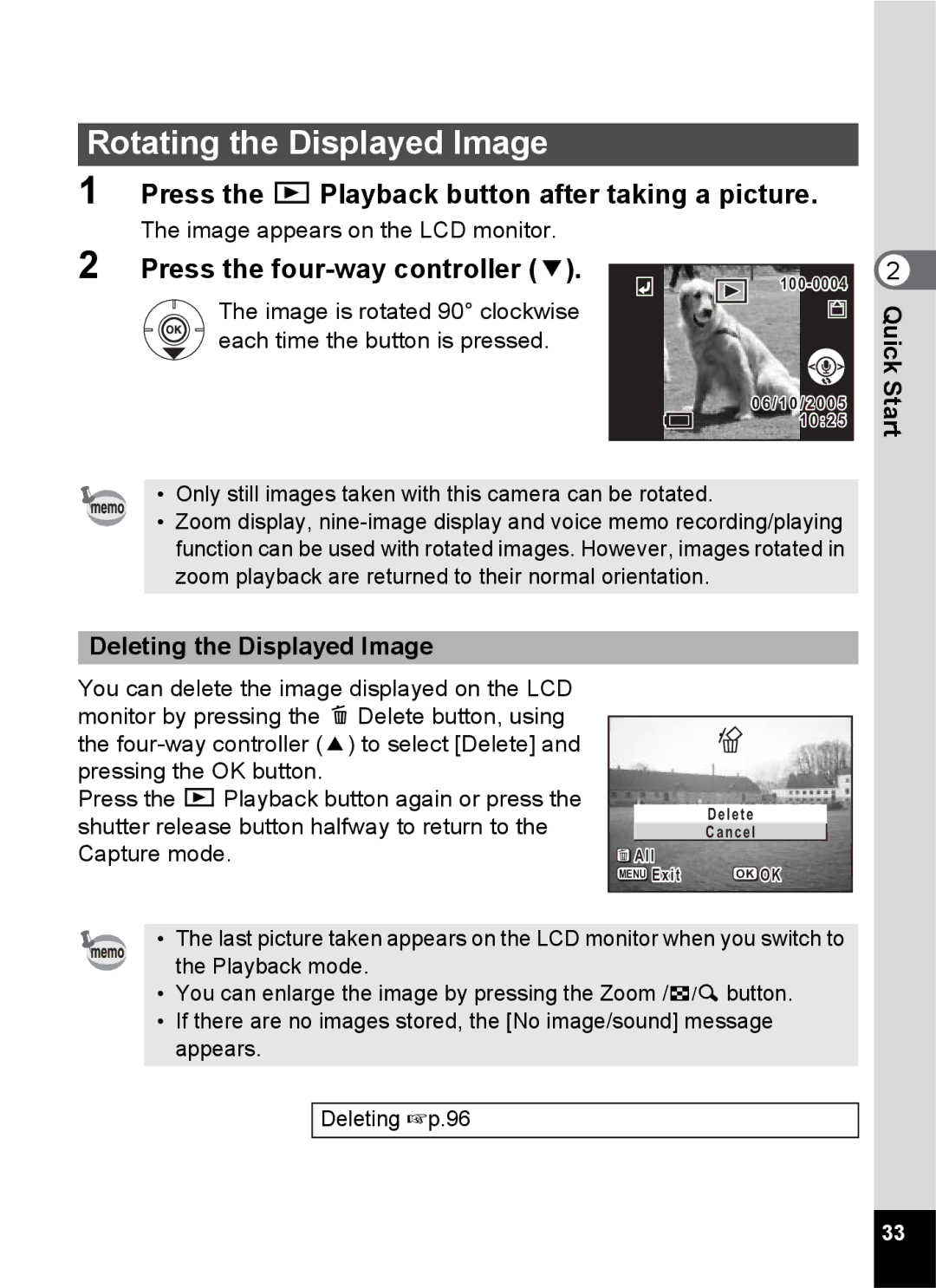 Pentax S45 specifications Rotating the Displayed Image, Deleting the Displayed Image 