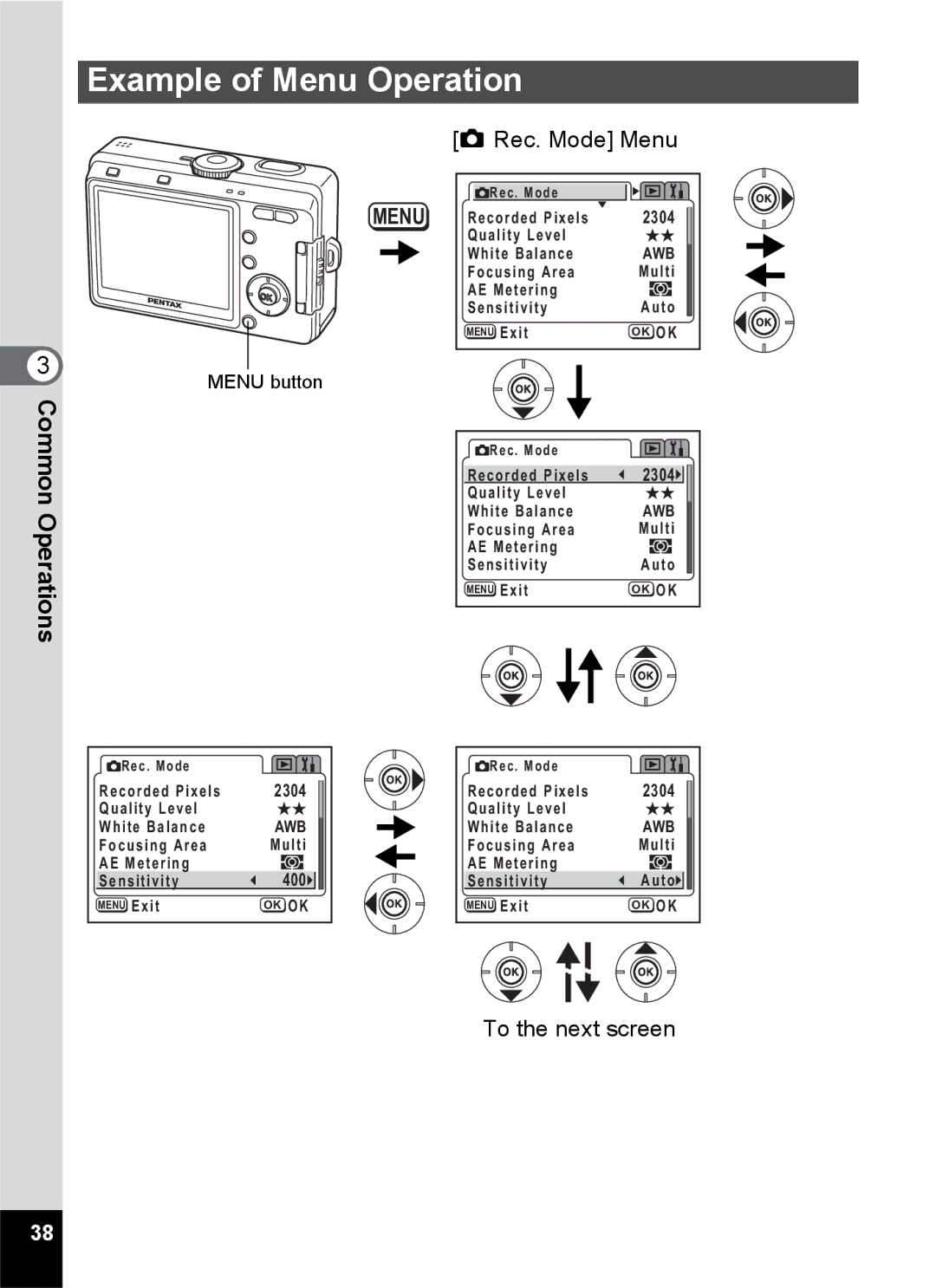 Pentax S45 specifications Example of Menu Operation 