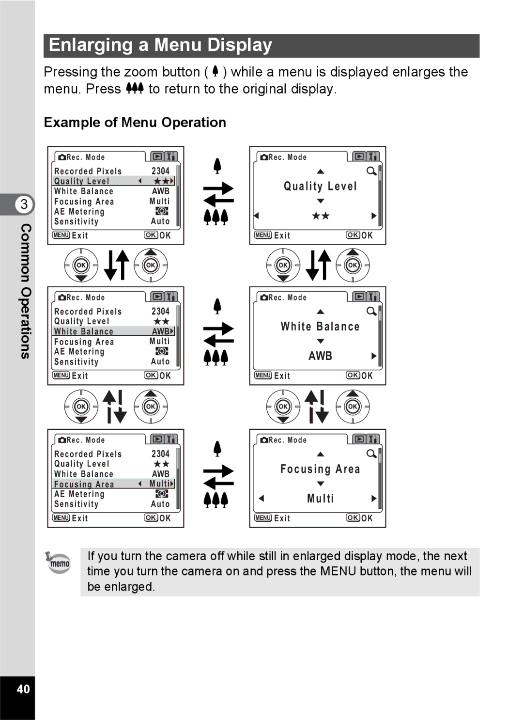 Pentax S45 specifications Enlarging a Menu Display, Example of Menu Operation 