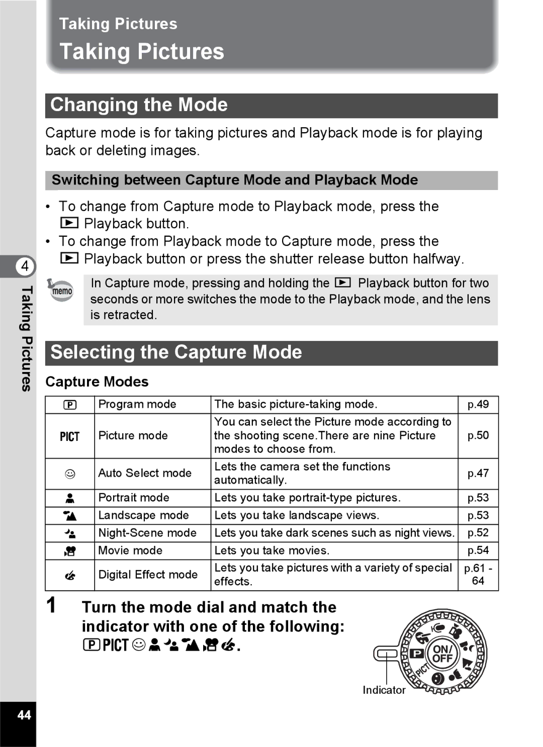 Pentax S45 specifications Taking Pictures, Changing the Mode, Selecting the Capture Mode, Capture Modes 