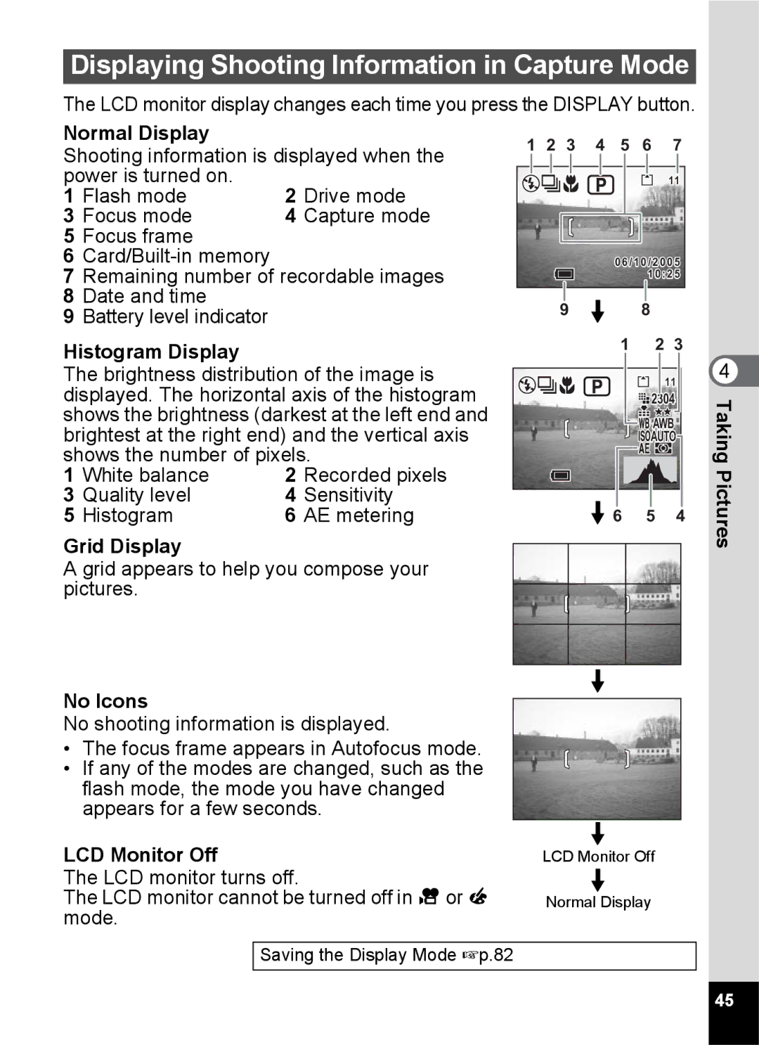 Pentax S45 specifications Displaying Shooting Information in Capture Mode 