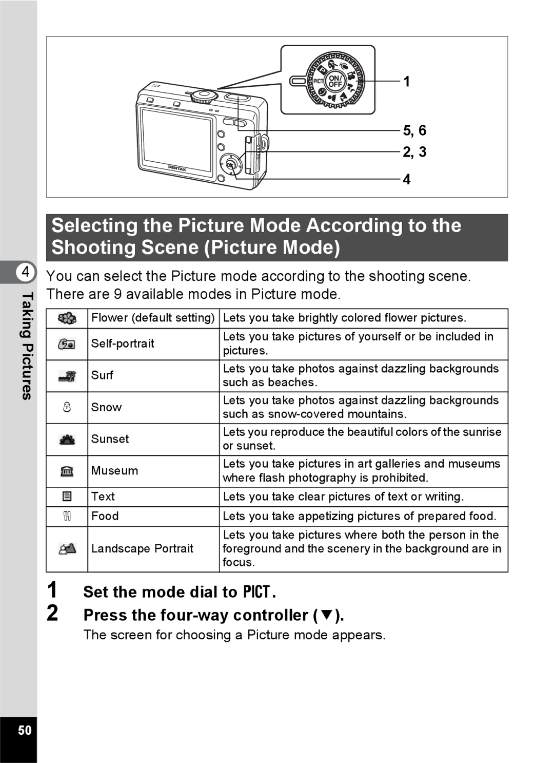 Pentax S45 Set the mode dial to d Press the four-way controller, Text Lets you take clear pictures of text or writing Food 