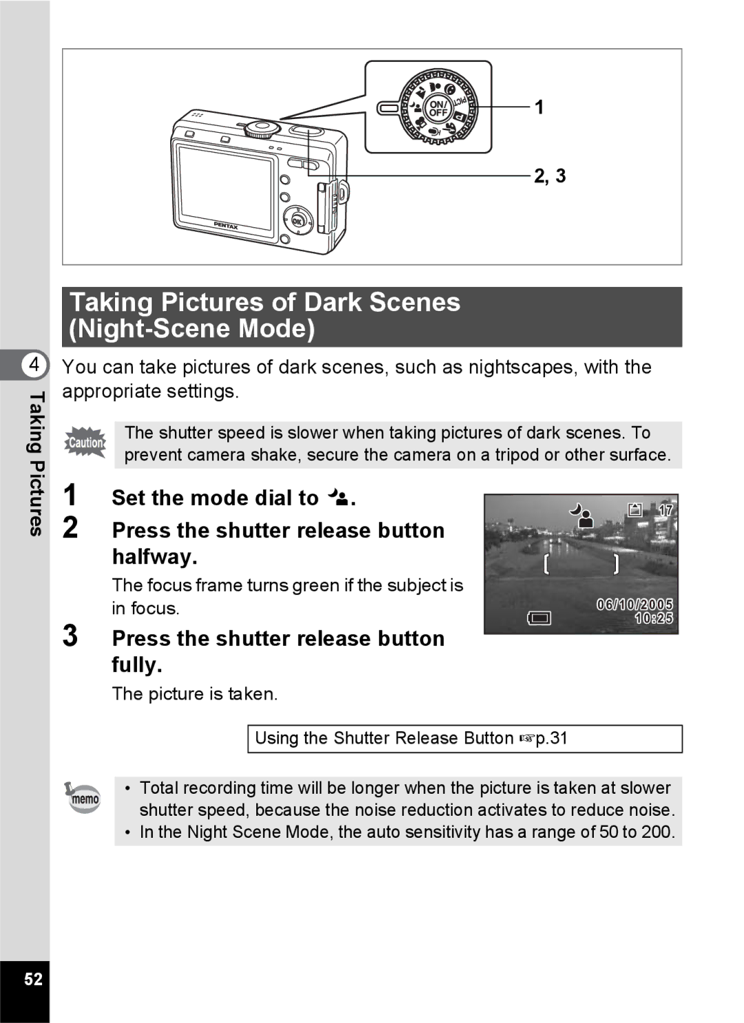 Pentax S45 Taking Pictures of Dark Scenes Night-Scene Mode, Picture is taken Using the Shutter Release Button 1p.31 