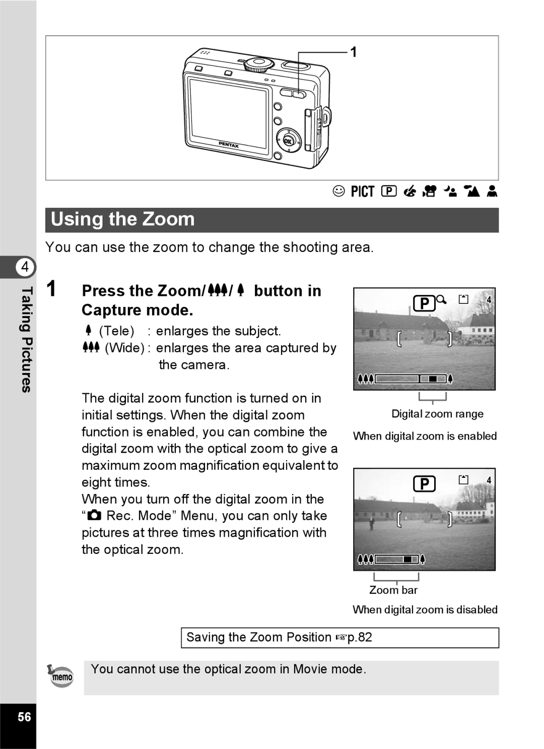 Pentax S45 specifications Using the Zoom, Press the Zoom/w/x button Capture mode, + C . H = 