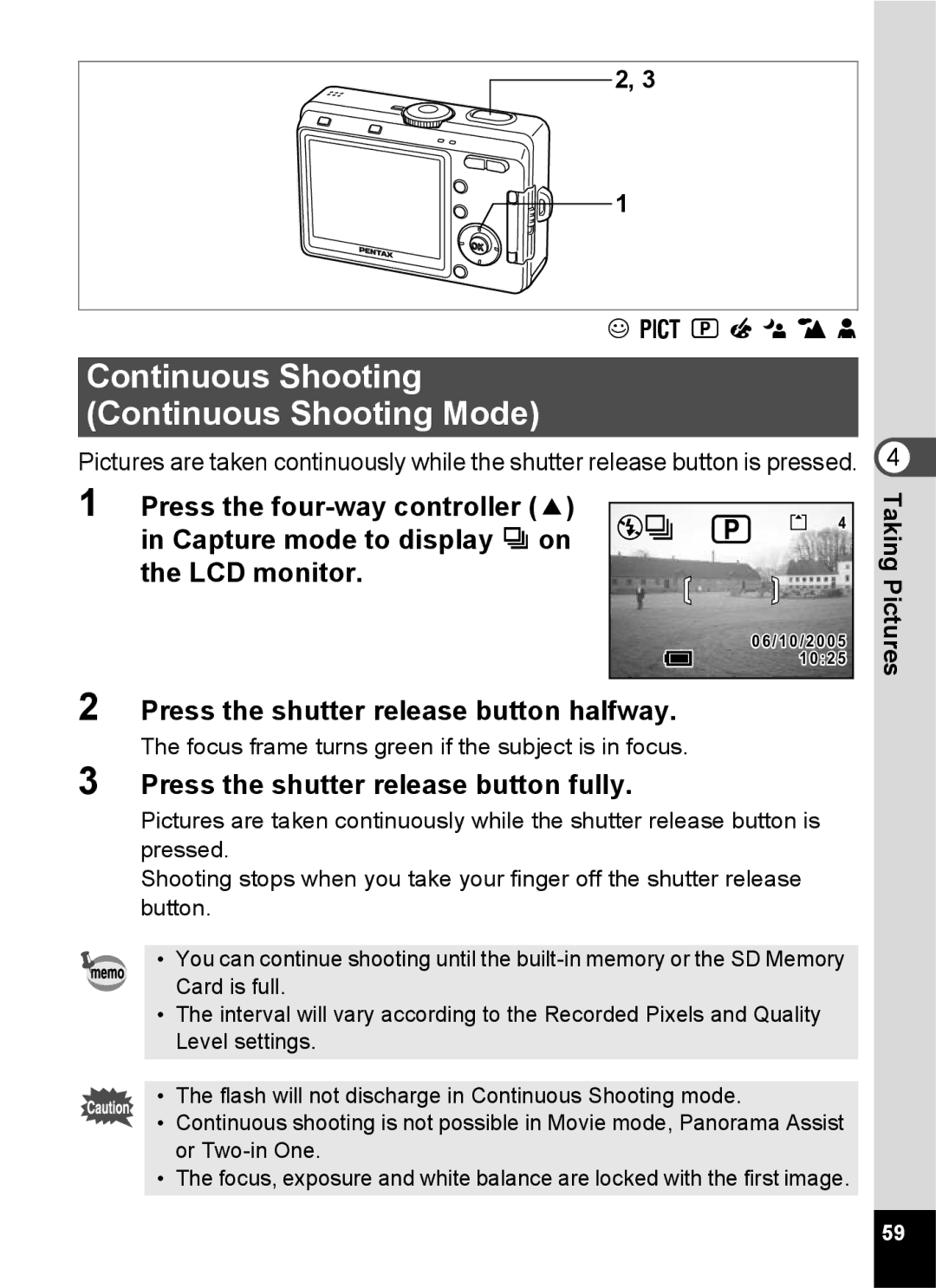 Pentax S45 specifications Continuous Shooting Continuous Shooting Mode, + . H = 