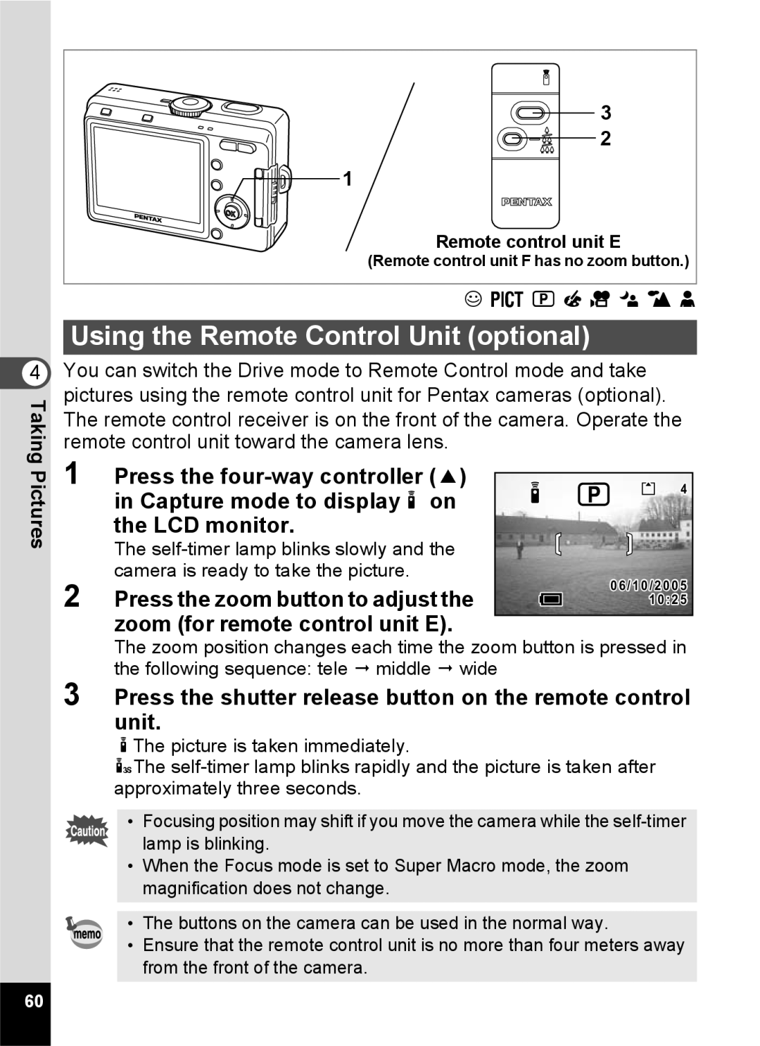 Pentax S45 Using the Remote Control Unit optional, Press the zoom button to adjust, Zoom for remote control unit E 