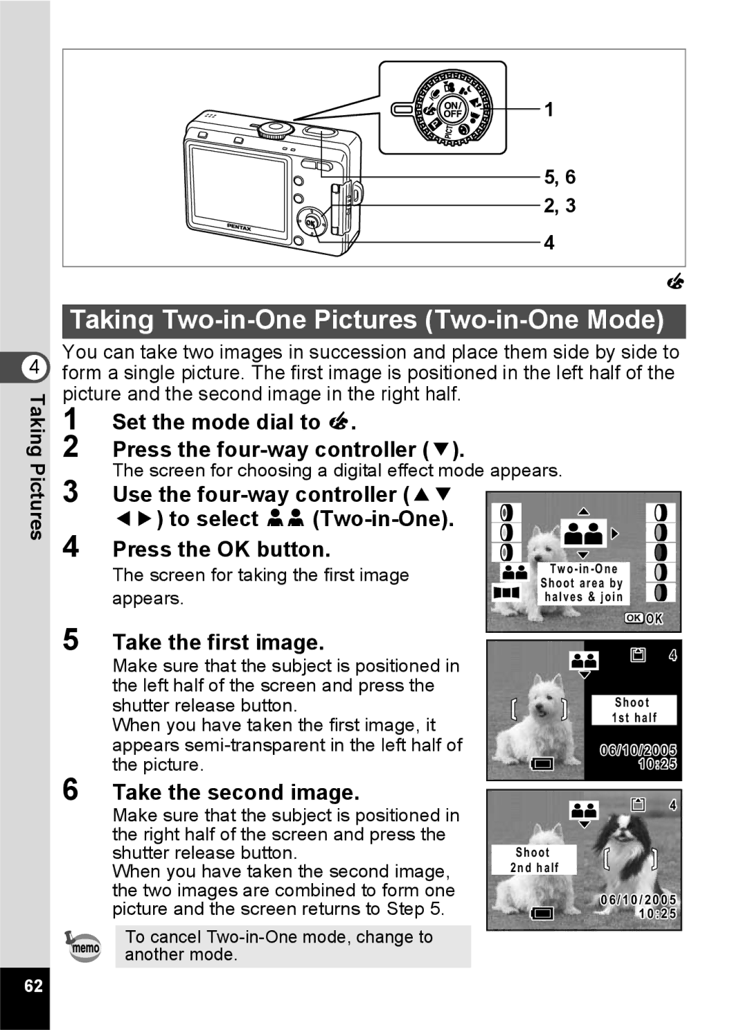 Pentax S45 specifications Taking Two-in-One Pictures Two-in-One Mode, Take the first image, Take the second image 